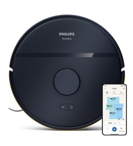 Philips robot stofzuiger with sleek design, cleaning floors effectively, powered by 2600 mAh battery for home cleaning tasks.
