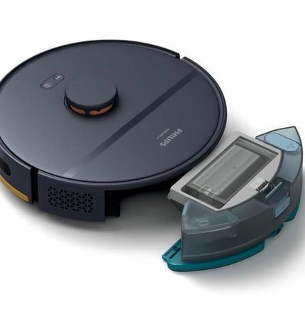 Philips robot stofzuiger with 2600 mAh battery on a clean floor, designed for home cleaning and floor maintenance.