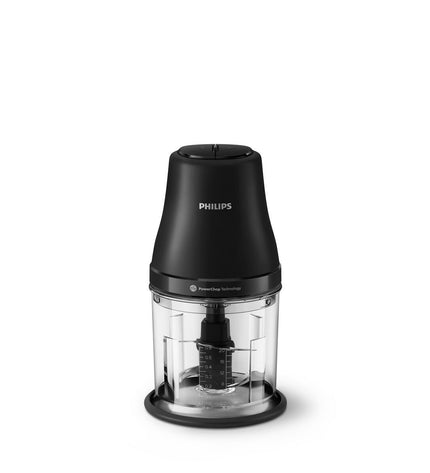 Philips HR1501/00 grey mini food chopper with 450W motor, stainless steel and plastic body, 1-liter capacity, in kitchen setting