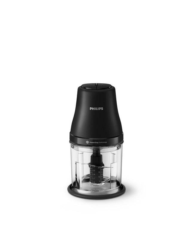 Philips HR1501/00 grey mini food chopper with 450W motor, stainless steel and plastic body, 1-liter capacity, in kitchen setting