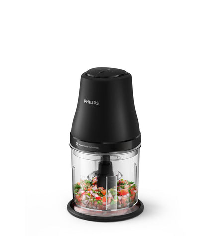 Philips HR1501/00 grey mini food processor with 450W motor, stainless steel blades, plastic body, 1L capacity on a kitchen countertop.
