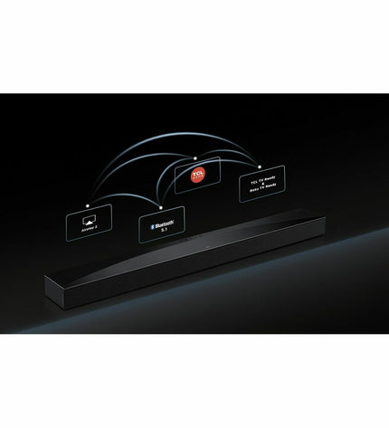 TCL Q85HE 30W soundbar with sleek black design, featuring multiple audio ports and control buttons for home entertainment.