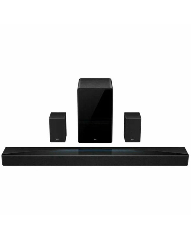 TCL Q85HE 30W soundbar in black with sleek design, showing front grille and control buttons for high-quality audio.