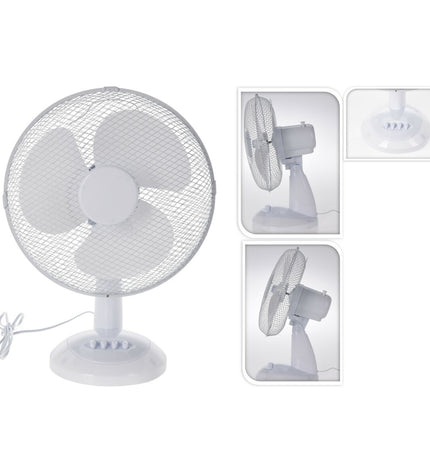 Excellent Electrics EL9000160 white table fan, portable air conditioning unit with adjustable settings, suitable for home use.