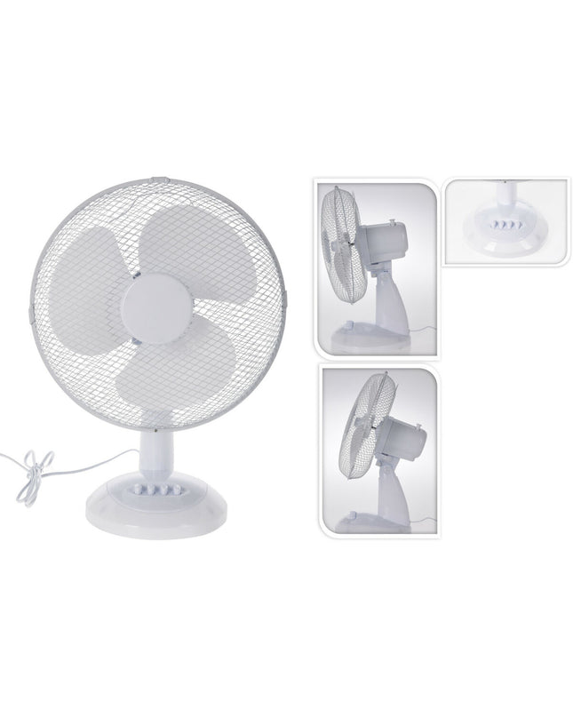 Excellent Electrics EL9000160 white table fan, portable air conditioning unit with adjustable settings, suitable for home use.