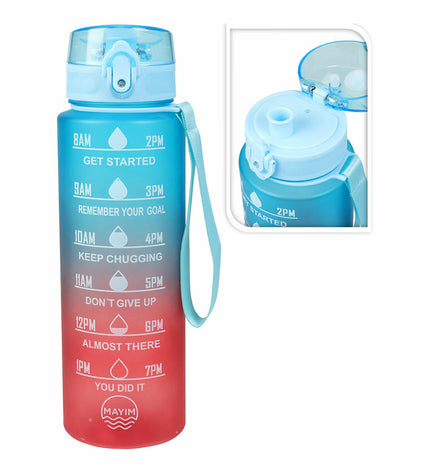 EDM sport water bottle in blue and red with vintage effect, 1L capacity, ideal for outdoor activities and camping.