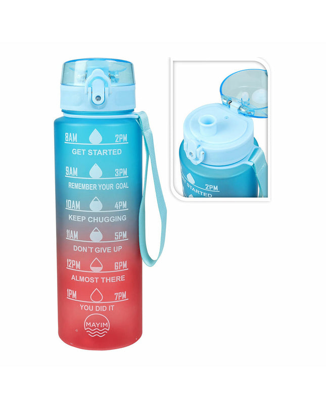 EDM sport water bottle in blue and red with vintage effect, 1L capacity, ideal for outdoor activities and camping.