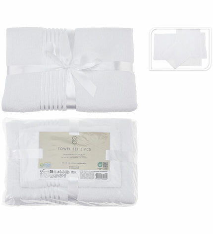 BigBuy Home handdoekenset Essentials Wit with three white towels for bathroom and kitchen use, soft and absorbent fabric.