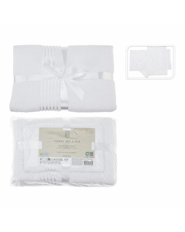 BigBuy Home handdoekenset Essentials Wit with three white towels for bathroom and kitchen use, soft and absorbent fabric.