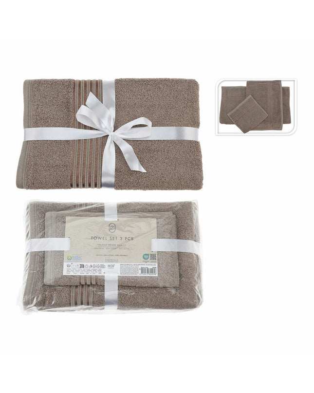 BigBuy Home beige towel set with three bath towels, ideal for home and kitchen use, featuring soft, absorbent fabric.