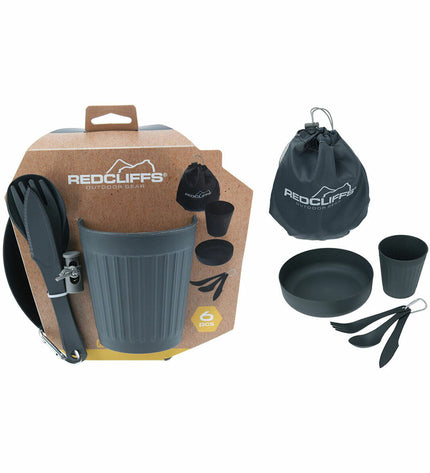 Lifetime camping kitchen set with six gray outdoor kitchen tools, ideal for camping, hiking, and outdoor cooking.