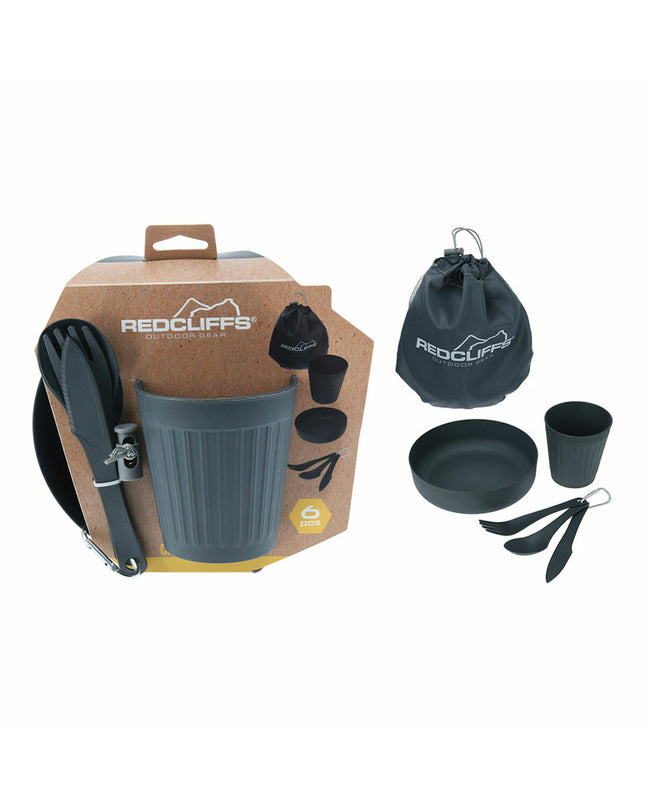 Lifetime camping kitchen set with six gray outdoor kitchen tools, ideal for camping, hiking, and outdoor cooking.