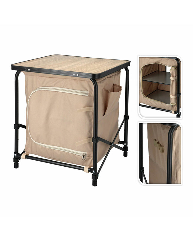 Lifetime camping cabinet in black, with sturdy metal frame and storage shelves, ideal for outdoor camping and hiking.