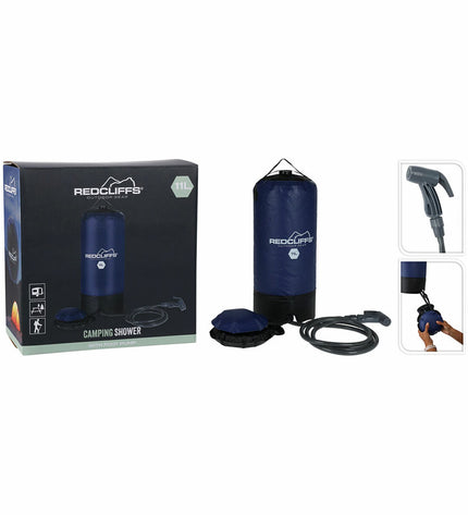 Redcliffs 11L portable camping shower in blue, perfect for outdoor camping and hiking, with a compact design for easy use