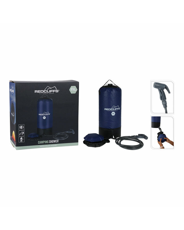 Redcliffs 11L portable camping shower in blue, perfect for outdoor camping and hiking, with a compact design for easy use