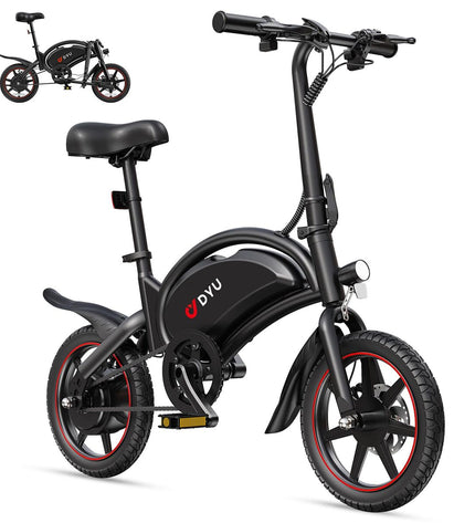 Black DYU D3S electric bike with 14-inch wheels, 250W motor, 10Ah battery, designed for sport and outdoor riding.