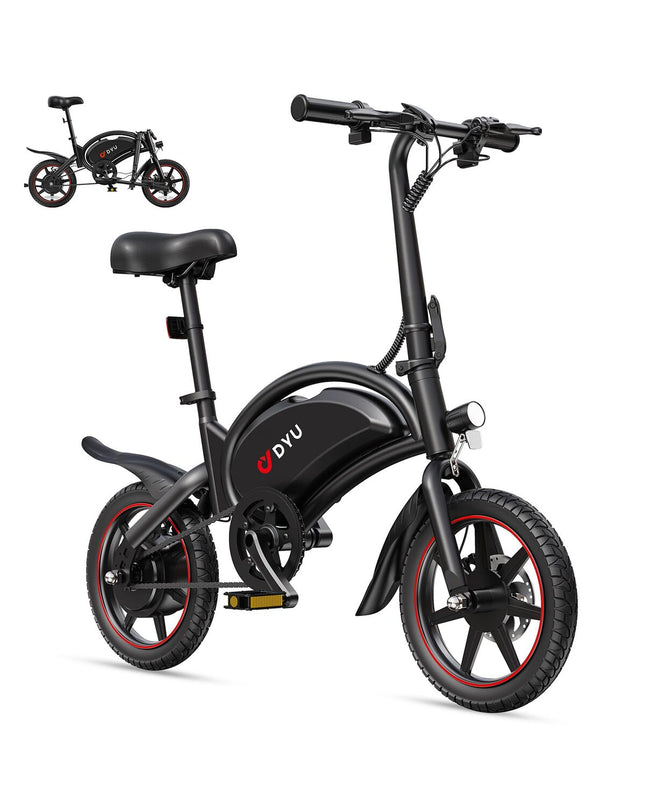 Black DYU D3S electric bike with 14-inch wheels, 250W motor, 10Ah battery, designed for sport and outdoor riding.