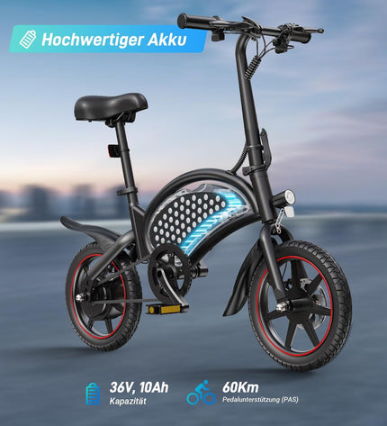 Black DYU D3S electric bicycle with 250W motor, 10Ah battery, 14-inch wheels, designed for sport and outdoor riding.