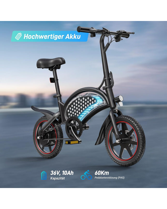 Black DYU D3S electric bicycle with 250W motor, 10Ah battery, 14-inch wheels, designed for sport and outdoor riding.