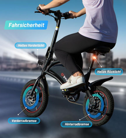 Black DYU D3S electric bike with 14-inch wheels, 250W motor, 10Ah battery, suitable for sport and outdoor cycling.