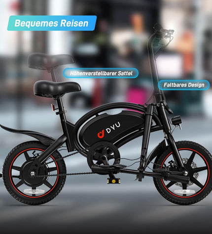 Black DYU D3S electric bike with 250W motor, 10Ah battery, 14-inch wheels, designed for sport and outdoor cycling.