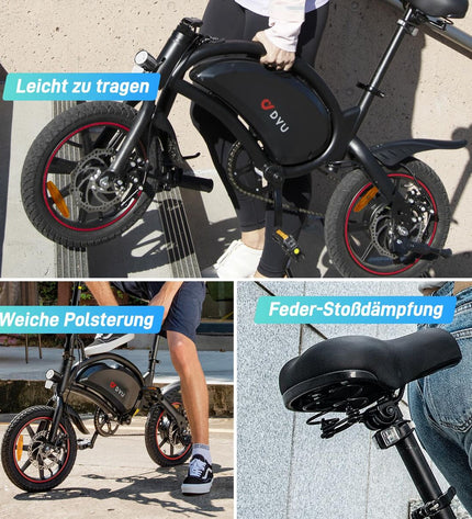DyU D3S electric bicycle in black with 14-inch wheels, 250W motor, and 10Ah battery, designed for sport and outdoor riding.
