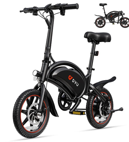 Black DYU DYU-D3S electric bicycle with 14-inch wheels, 250W motor, and 10Ah battery, designed for sport and outdoor riding.