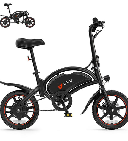 Black DYU D3S electric bike with 14-inch wheels, 250W motor, 10Ah battery, suitable for sport and outdoor riding.