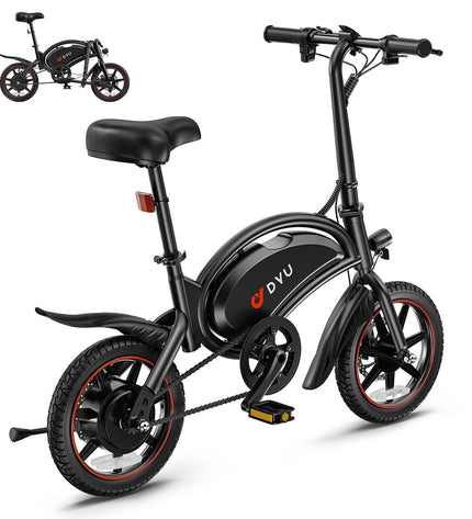 Black DYU D3S electric bike with 250W motor, 10Ah battery, 14-inch wheels, designed for sport and outdoor cycling.