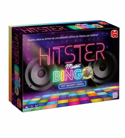 Diset Hitster Bingo game with colorful bingo cards and tokens, ideal for family fun and classroom activities.