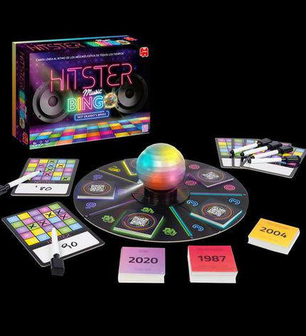 Diset Hitster Bingo board game with colorful bingo cards and tokens for family fun and entertainment.