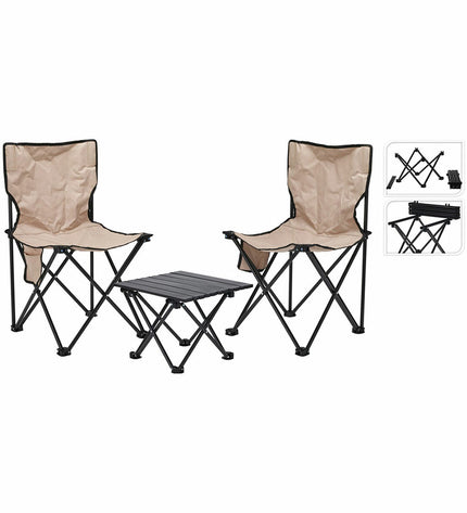 Lifetime black and crème outdoor table with two matching chairs, ideal for camping and outdoor activities.