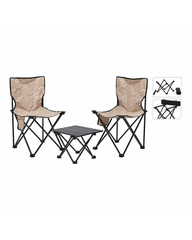 Lifetime black and crème outdoor table with two matching chairs, ideal for camping and outdoor activities.