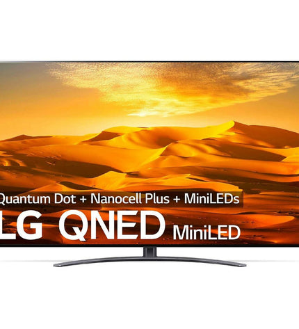 LG QNED916QE 86-inch 4K Ultra HD Smart TV displaying vibrant colors and a sleek black bezel in a modern living room setting.