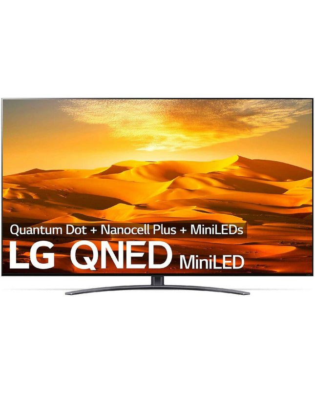 LG QNED916QE 86-inch 4K Ultra HD Smart TV displaying vibrant colors and a sleek black bezel in a modern living room setting.