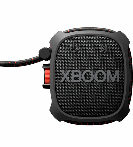 LG XG2TBK Bluetooth portable speaker in black with 5W audio output, compact design, and built-in controls.