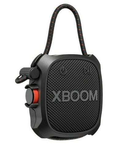 LG XG2TBK Bluetooth portable speaker in black, featuring a compact design and 5W audio output for portable sound.