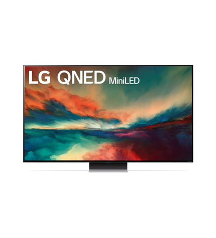 LG 86QNED866RE 4K Ultra HD Smart TV showing a vibrant screen with colorful images in a modern living room setting.