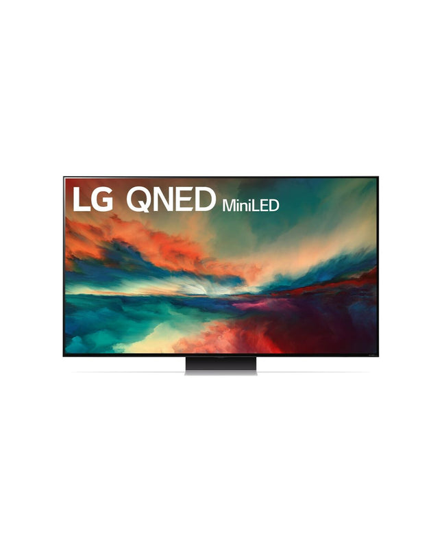 LG 86QNED866RE 4K Ultra HD Smart TV showing a vibrant screen with colorful images in a modern living room setting.