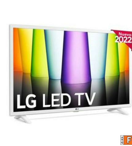 LG 32-inch Full HD LED Smart TV displaying a vibrant screen with remote control on a stand, in a modern living room setting.