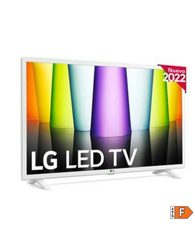 LG 32-inch Full HD LED Smart TV displaying a vibrant screen with remote control on a stand, in a modern living room setting.
