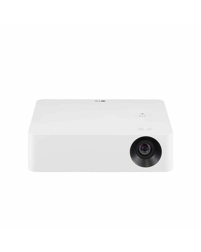 LG PF610P projector displaying a bright image, compact electronic device suitable for home cinema and video entertainment.