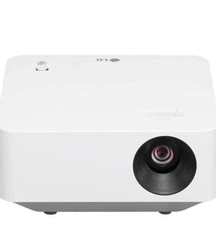 LG PF510Q Full HD projector displaying a bright, clear image with remote control and projection screen in a home theater setup