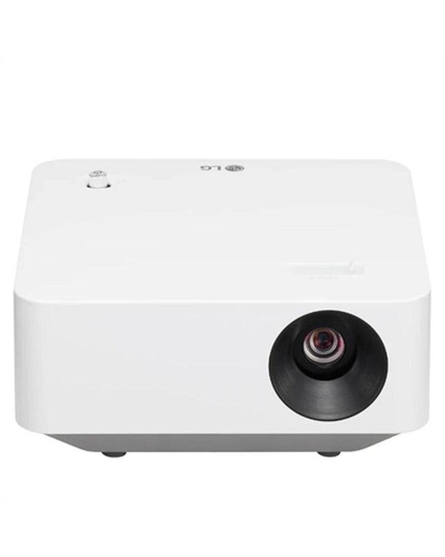 LG PF510Q Full HD projector displaying a bright, clear image with remote control and projection screen in a home theater setup