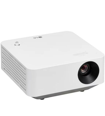 LG PF510Q Full HD projector showing a bright image on a wall, compact electronic device for home cinema and video projection.
