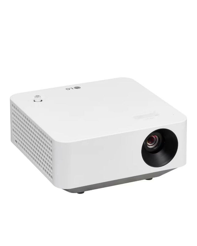 LG PF510Q Full HD projector showing a bright image on a wall, compact electronic device for home cinema and video projection.