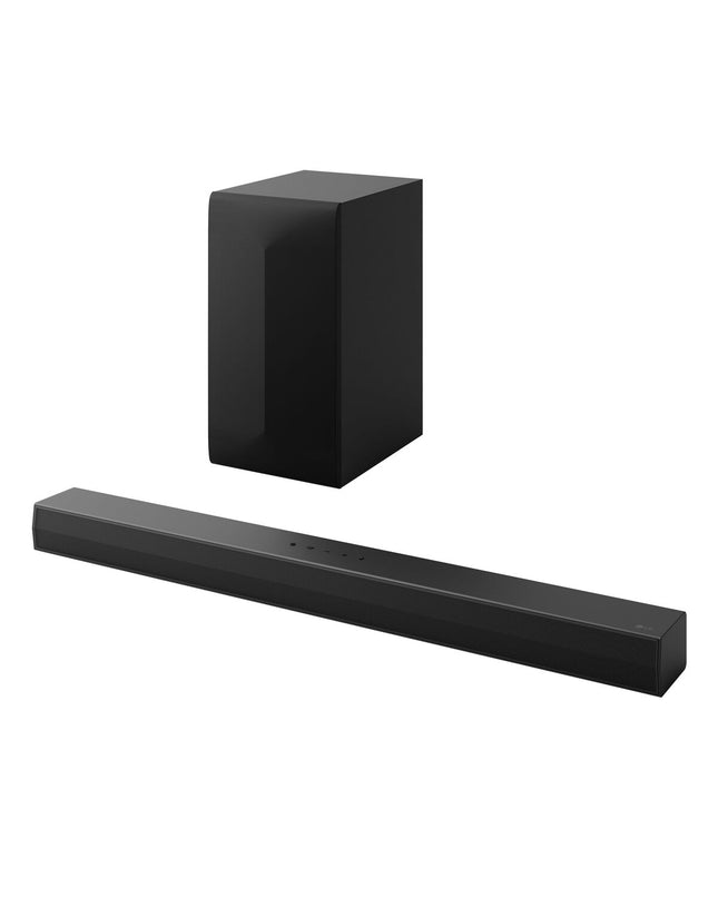 LG DS60T black soundbar with 340W power, sleek design and multiple audio ports, ideal for enhancing home entertainment systems.