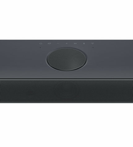 LG SC9S black 400W soundbar with sleek design, featuring multiple audio ports and control buttons for high-quality home audio.