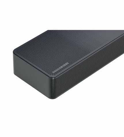 LG SC9S black soundbar with 400W power, showing sleek design and front grille for enhanced audio experience.