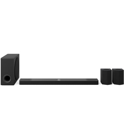 LG S95TR black soundbar with 810W power, sleek audio and hifi equipment for home theater setup.